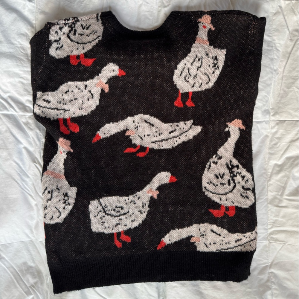 All-Over Goose Print Knit Crewneck Sweater - Black & White (unisex) - Picture 3 of 5